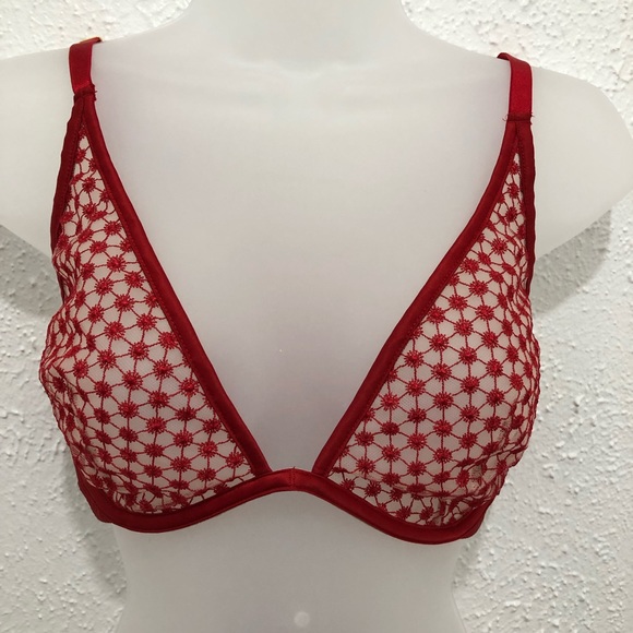 NWOT Victoria’s Secret 36D & Medium Tanga LUXE Unlined Mesh Plunge Bra Red Set - Picture 2 of 10